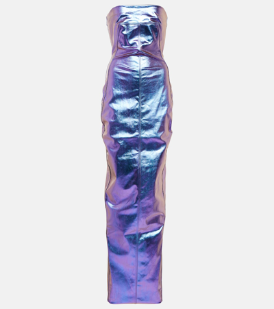 Shop Rick Owens Strapless Metallic Denim Maxi Gown In Purple