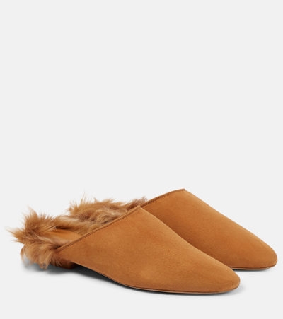 Shop Khaite Otto Shearling-trimmed Suede Mules In Neutrals