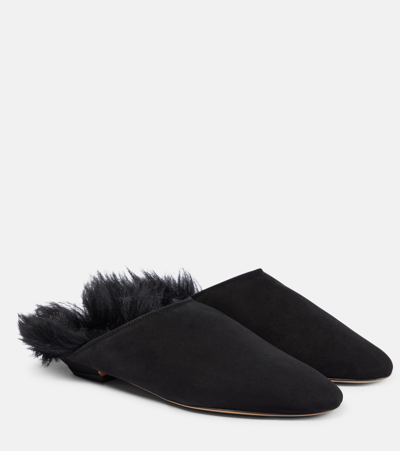 Shop Khaite Otto Shearling-trimmed Suede Mules In Black