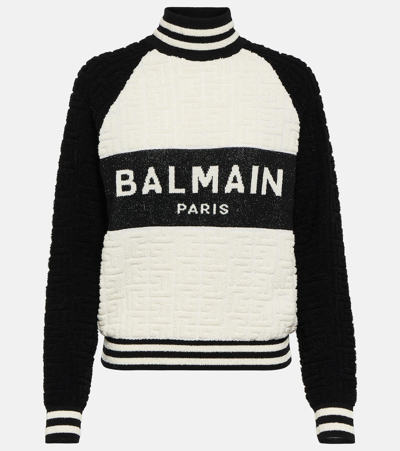 Shop Balmain Monogram Jacquard Wool And Cotton-blend Sweater In Multicoloured