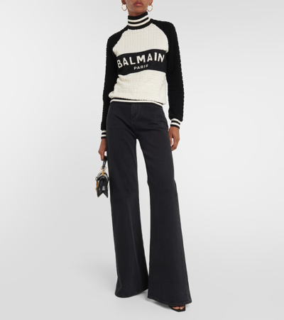 Shop Balmain Monogram Jacquard Wool And Cotton-blend Sweater In Multicoloured