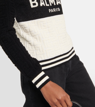 Shop Balmain Monogram Jacquard Wool And Cotton-blend Sweater In Multicoloured
