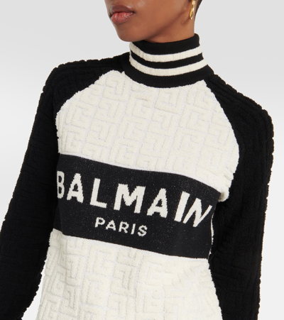 Shop Balmain Monogram Jacquard Wool And Cotton-blend Sweater In Multicoloured