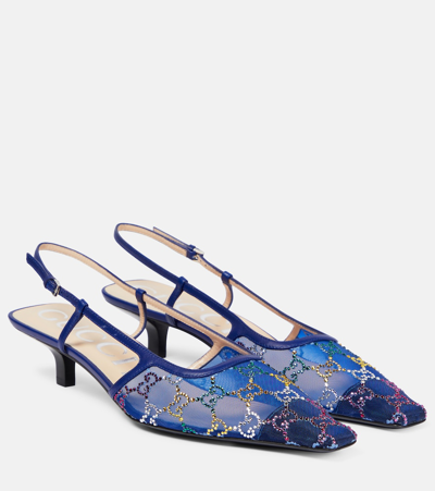 Shop Gucci Gg Embellished Mesh Slingback Pumps In Blue