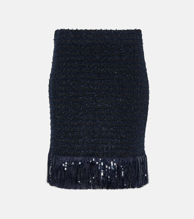 Shop Oscar De La Renta Fringed Tweed Miniskirt In Blue