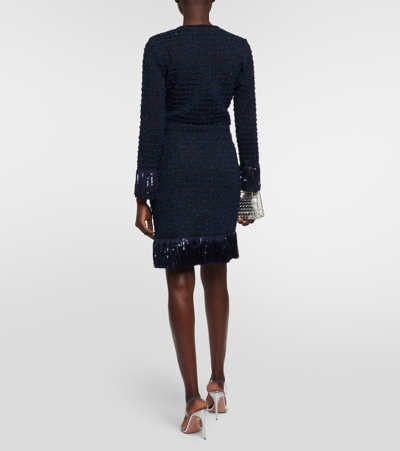 Oscar De La Renta Tweed Sequin Fringe Skirt In Blue