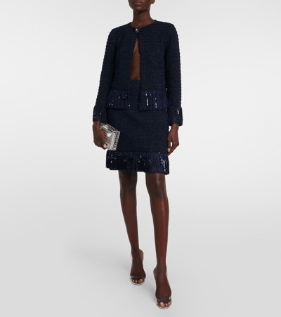 Shop Oscar De La Renta Fringed Tweed Miniskirt In Blue