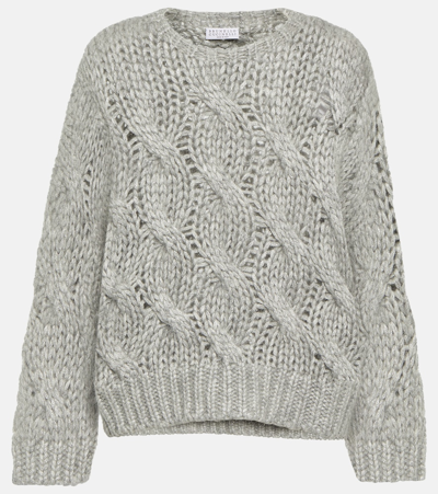 Shop Brunello Cucinelli Cable-knit Mohair And Wool-blend Sweater In Brown