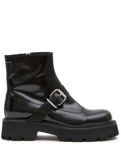 Shop Mm6 Maison Margiela Buckle-detail Leather Ankle Boots In Black