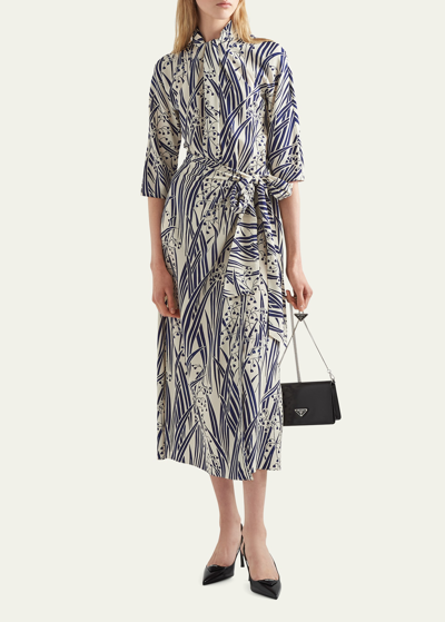 Shop Prada Floral-print Scarf-neck Midi Dress In F067k Blu Natural