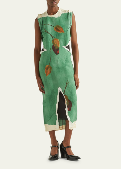 Shop Prada Tulip-print Wrinkled Midi Dress In F0089 Verde