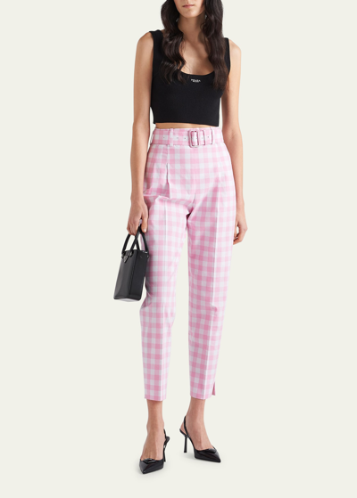 Shop Prada Gingham Check Belted Pants In F0028 Rosa