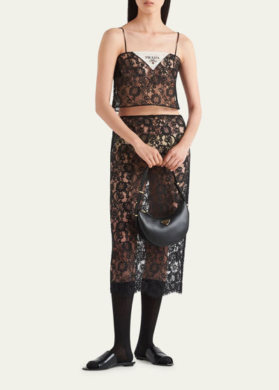 Shop Prada Lace Scallop Midi Skirt In F0002 Nero