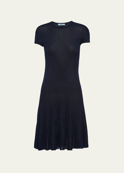Shop Prada Pleated Silk Knit Dress In F0008 Bleu