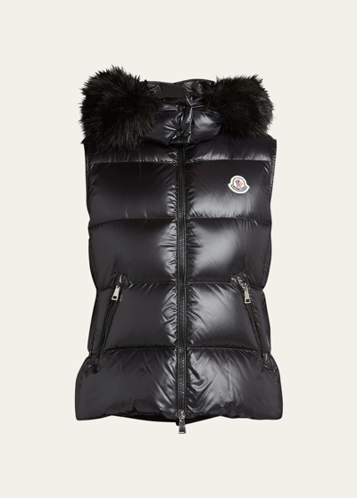 Shop Moncler Gallinule Puffer Vest With Faux Fur Hood In Black