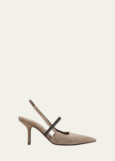 Shop Brunello Cucinelli Suede Pointed Toe Slingback Pumps In C5859 Grey