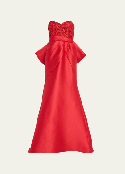 Shop Pamella Roland Embroidered Strapless Trumpet Gown In Ruby