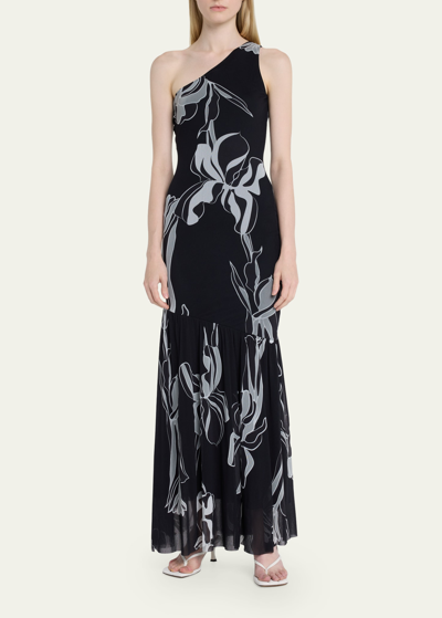 Shop Fuzzi One-shoulder Floral-print Tulle Maxi Dress In Black