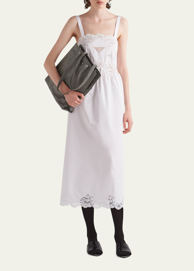 Shop Prada Lace Poplin Self-tie Midi Dress In F0009 Bianco