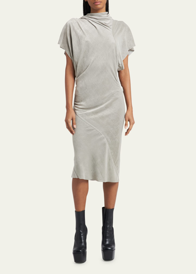 Shop Rick Owens Asymmetric Velvet Draped Midi Dress In Pearl