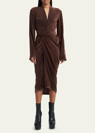 Shop Rick Owens Velvet Wrap Midi Dress In Brown