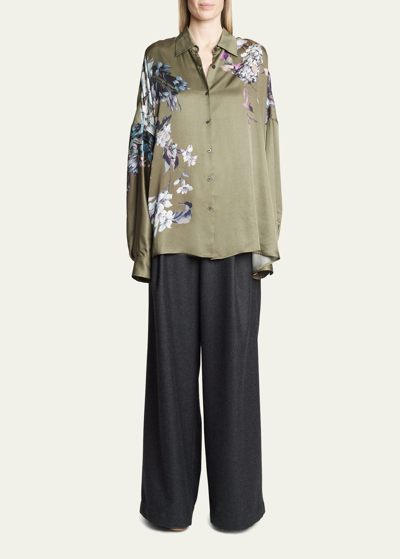 Shop Dries Van Noten Casia Floral Oversized Button Up Shirt In Khaki