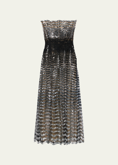 Shop Oscar De La Renta Sequin Wave Embroidered Strapless Gown In Blacksilver