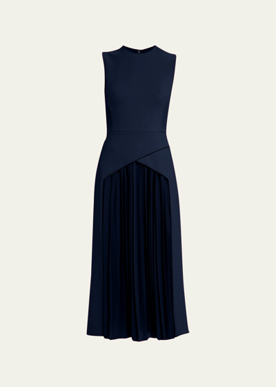 Shop Oscar De La Renta Wool-blend Midi Dress With Pleated Detail In Navy