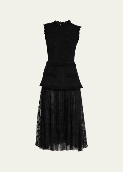 Shop Oscar De La Renta Looped Ribbon Tweed Midi Dress With Guipure Lace Detail In Black