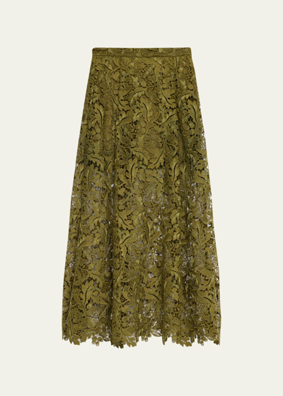 Shop Oscar De La Renta Acorn Guipure-lace Flared Midi Skirt In Olive