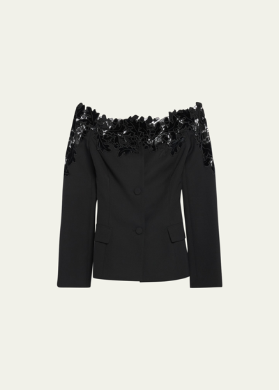 Shop Oscar De La Renta Off-shoulder Velvet Guipure Lace Detail Jacket In Black