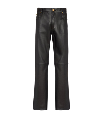 Shop Balmain Leather Straight Trousers In Black
