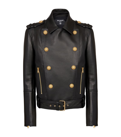 Shop Balmain Double-breasted Leather Jacket In Black