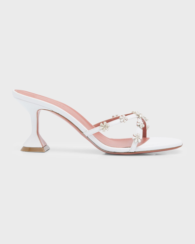 Shop Amina Muaddi Lily Crystal Flower Leather Slide Sandals In White