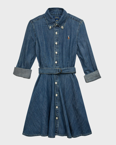 Shop Ralph Lauren Girl's Denim Belted Shirt Dress In Indigo