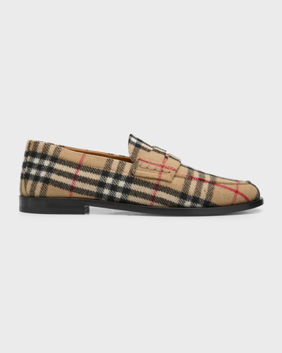 Shop Burberry Men's Vintage Check Wool Penny Loafers In Beige