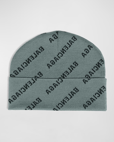 Shop Balenciaga Mirror Mini Allover Logo Beanie In 1415 Washed Grey/