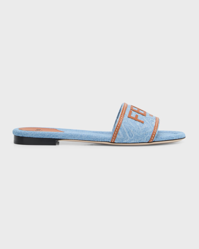 Shop Fendi Denim Logo Flat Resort Sandals In F1koo Denim Brand