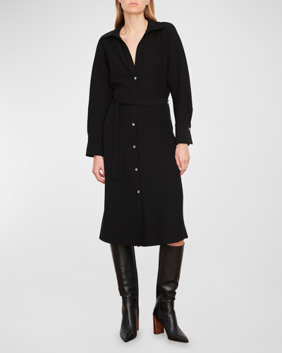 Shop Vince Belted Long-sleeve Midi Shirtdress In Black