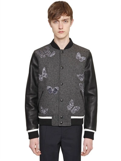 Valentino Embroidered Butterfly Wool And Leather Bomber Jacket In  Black/grey | ModeSens