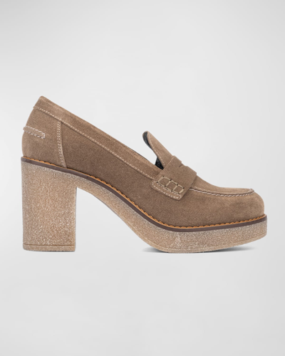 Shop Aquatalia Caprie Suede Heeled Penny Loafers In Mink
