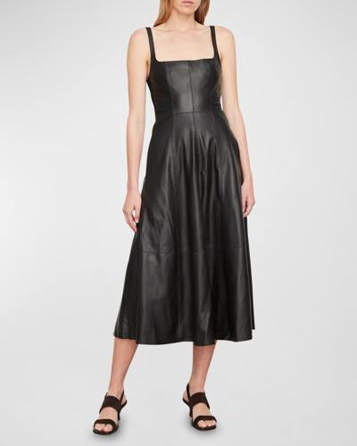 Shop Vince Square-neck Leather Midi Apron Dress In Black