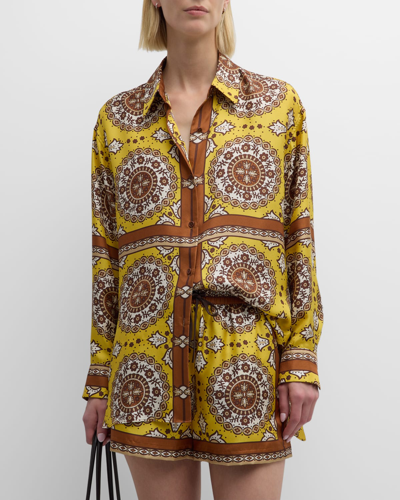 Shop Nili Lotan Julien Oversized Silk Shirt In Scarf Print Yello