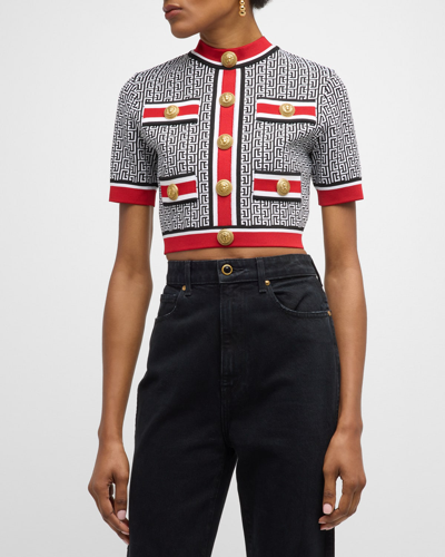 Shop Balmain Button-front Monogram Knit Short-sleeve Crop Top In Black Multi