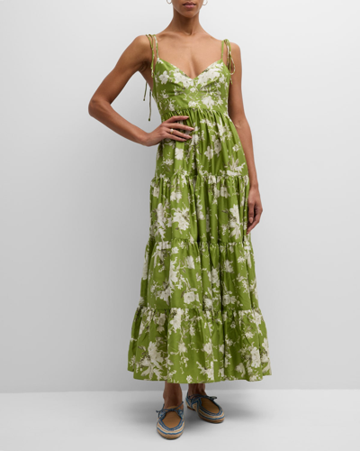 Shop Erdem Floral-print Tiered Maxi Dress With Tie Straps In Magnolia Garden O