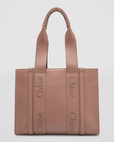 Shop Chloé Woody Medium Tote Bag In Leather In Woodrose