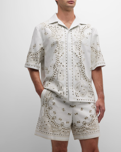 Shop Amiri Men's Leather Laser Bandana Camp Shirt In White