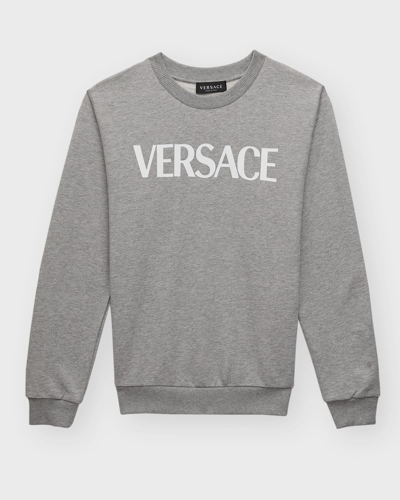 Shop Versace Boy's Logo-print Greca Trim Sweatshirt In Greymelangewhite