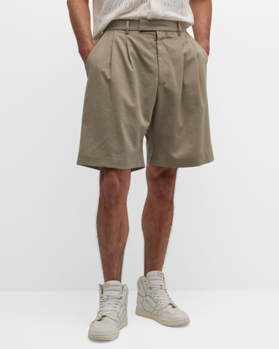 Shop Amiri Men's Double-pleated Wool Shorts In Tan