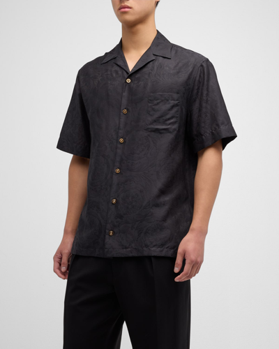Shop Versace Men's Barocco Voile Jacquard Camp Shirt In Black